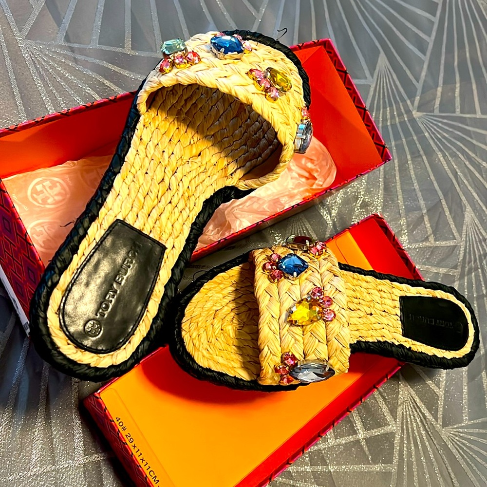 Tory Burch Crystal Raffia Side Size 10.5